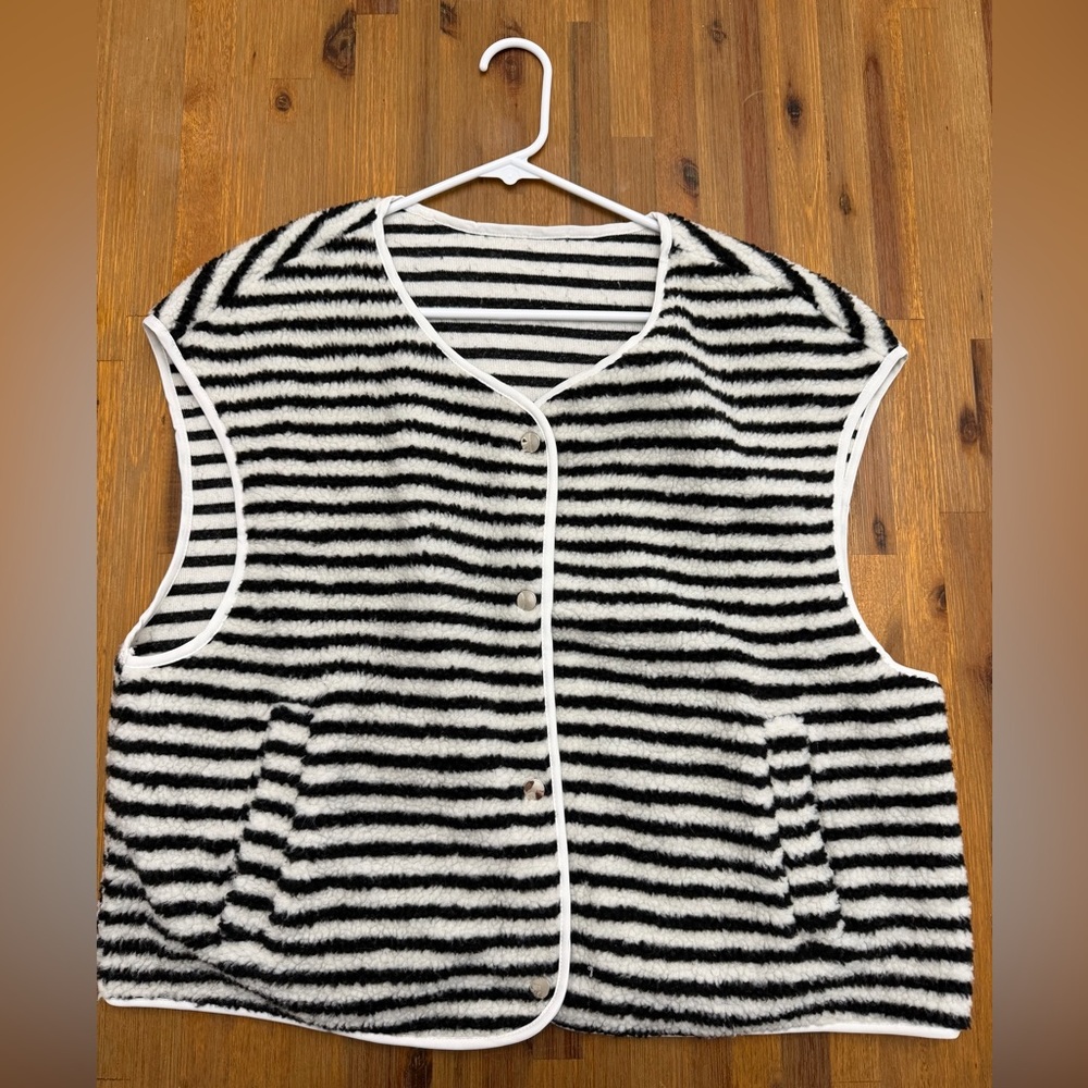 Striped Fuzzy Button-Front Vest - Black & White